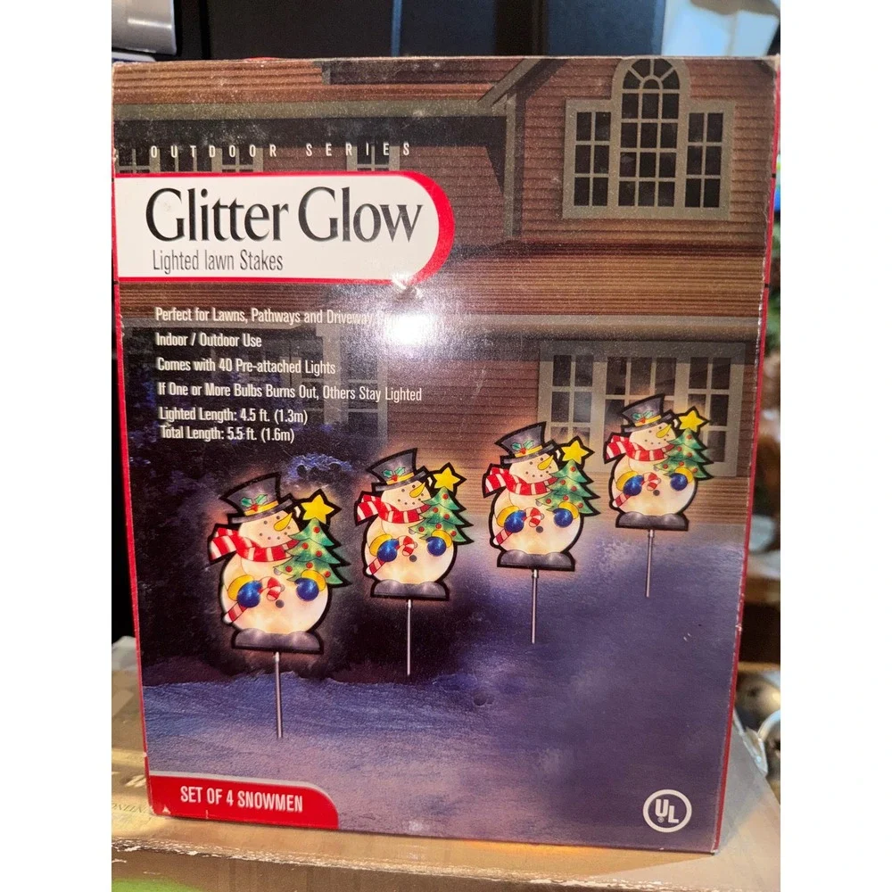 Vintage Outdoor Series Glitter Glow Lighted Snowmen Lawn Stakes Set of 4 Boxed